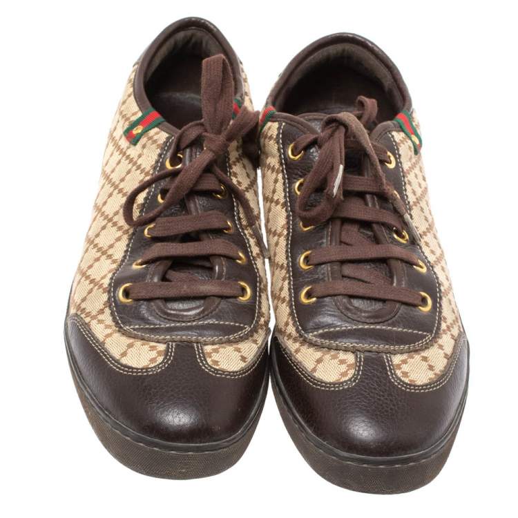 Pre Owned Gucci Brown/Beige Diamante Canvas and Leather Low Top Sneakers Size 39