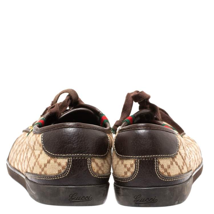 Pre Owned Gucci Brown/Beige Diamante Canvas and Leather Low Top Sneakers Size 39