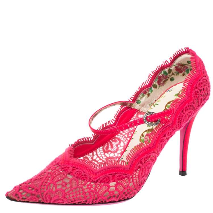 Gucci Pink Lace And Leather Virginia Mary Jane Pumps 38 | TLC