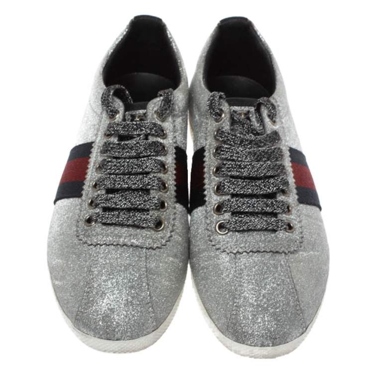 Pre Owned Gucci Metallic Silver Glitter Coated Fabric Bambi Web Detail Studded Low Top Sneakers Size 37.5