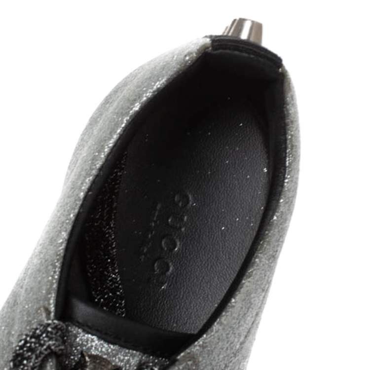 Pre Owned Gucci Metallic Silver Glitter Coated Fabric Bambi Web Detail Studded Low Top Sneakers Size 37.5