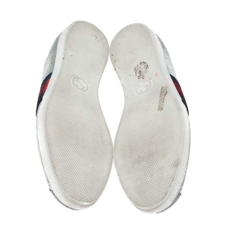 Pre Owned Gucci Metallic Silver Glitter Coated Fabric Bambi Web Detail Studded Low Top Sneakers Size 37.5
