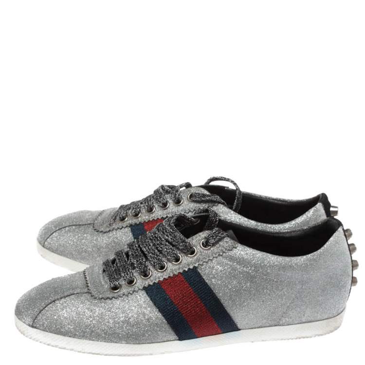 Pre Owned Gucci Metallic Silver Glitter Coated Fabric Bambi Web Detail Studded Low Top Sneakers Size 37.5