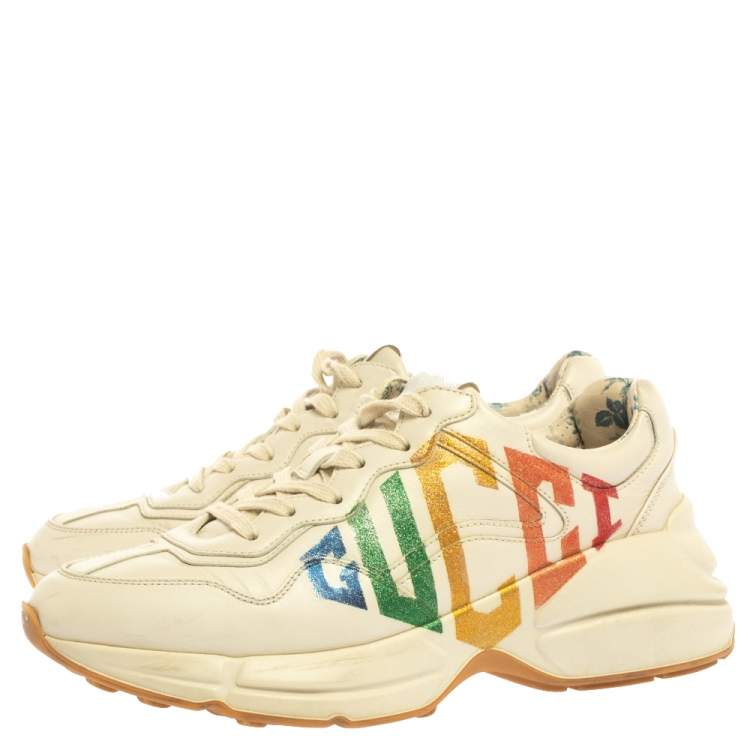 مملوكة مسبقًا Gucci Off White Leather Glitter Rhyton Lace Up Sneakers Size 38