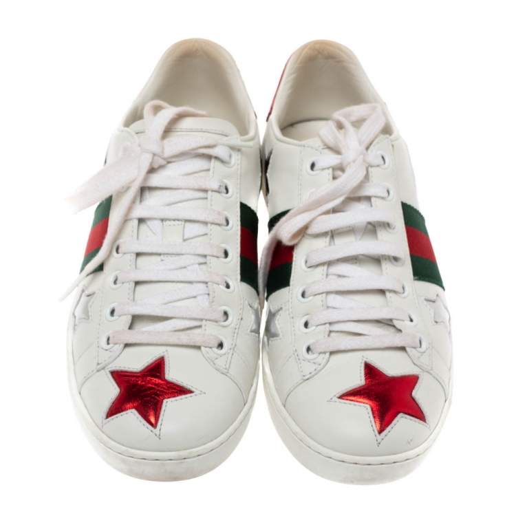 Pre Owned Gucci White Leather Ace Metallic Stars Low Top Sneakers Size 35.5
