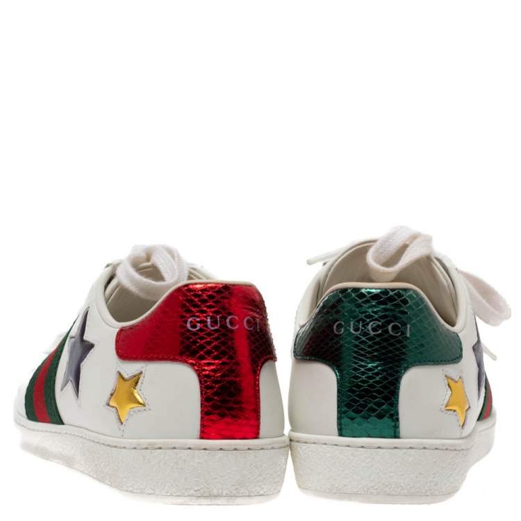 Pre Owned Gucci White Leather Ace Metallic Stars Low Top Sneakers Size 35.5