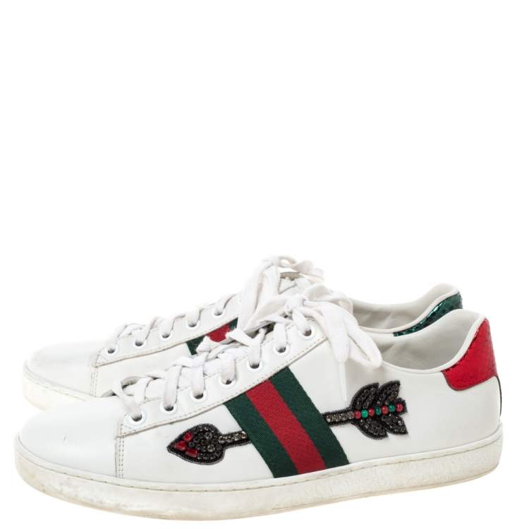Pre Owned Gucci White Leather Ace Web Embellished Low Top Sneakers Size 39
