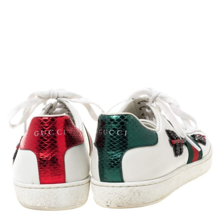 Pre Owned Gucci White Leather Ace Web Embellished Low Top Sneakers Size 39