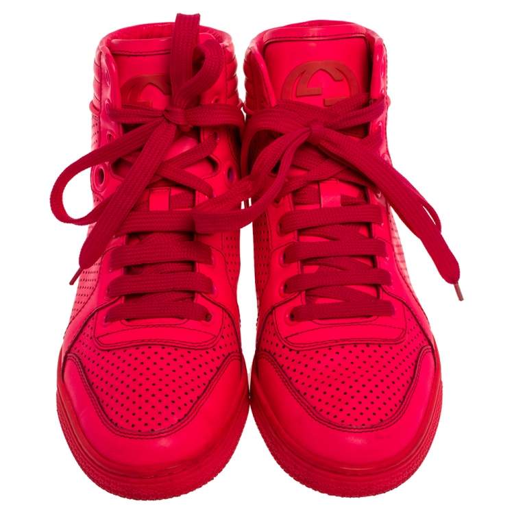 Pre Owned Gucci Neon Pink Leather Interlocking G High Top Sneakers Size 36.5