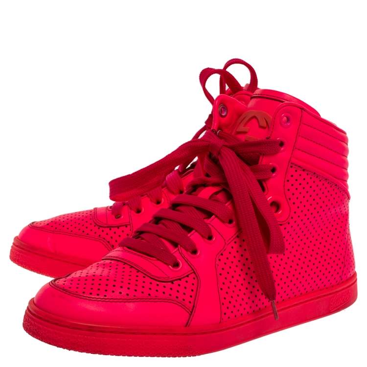 Pre Owned Gucci Neon Pink Leather Interlocking G High Top Sneakers Size 36.5