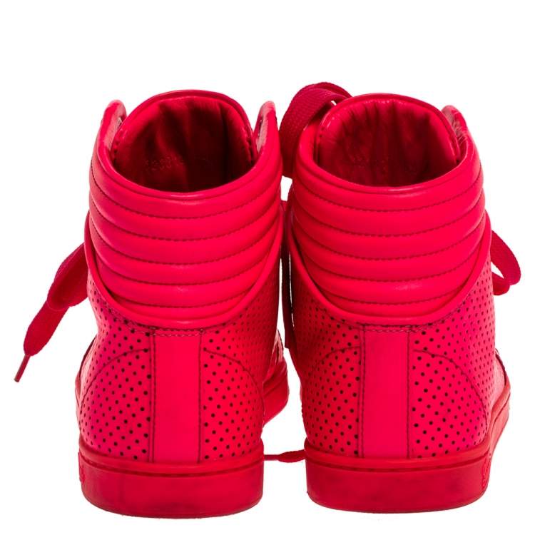 Pre Owned Gucci Neon Pink Leather Interlocking G High Top Sneakers Size 36.5