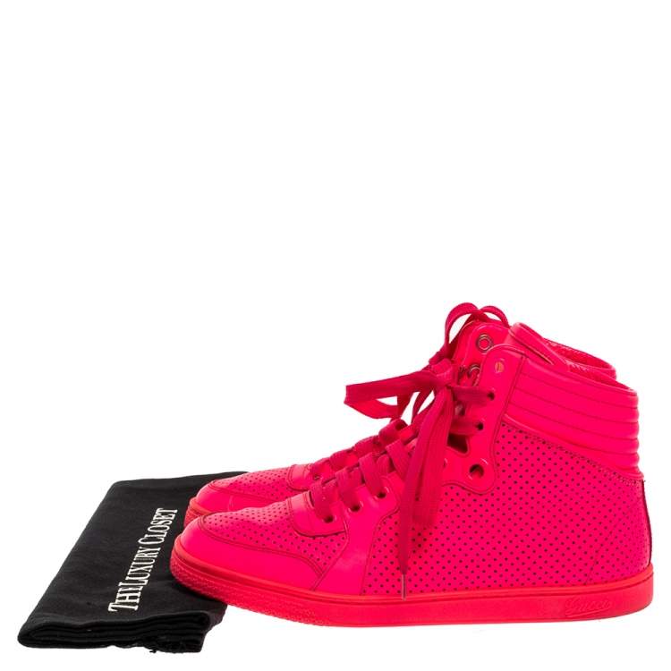 Pre Owned Gucci Neon Pink Leather Interlocking G High Top Sneakers Size 36.5