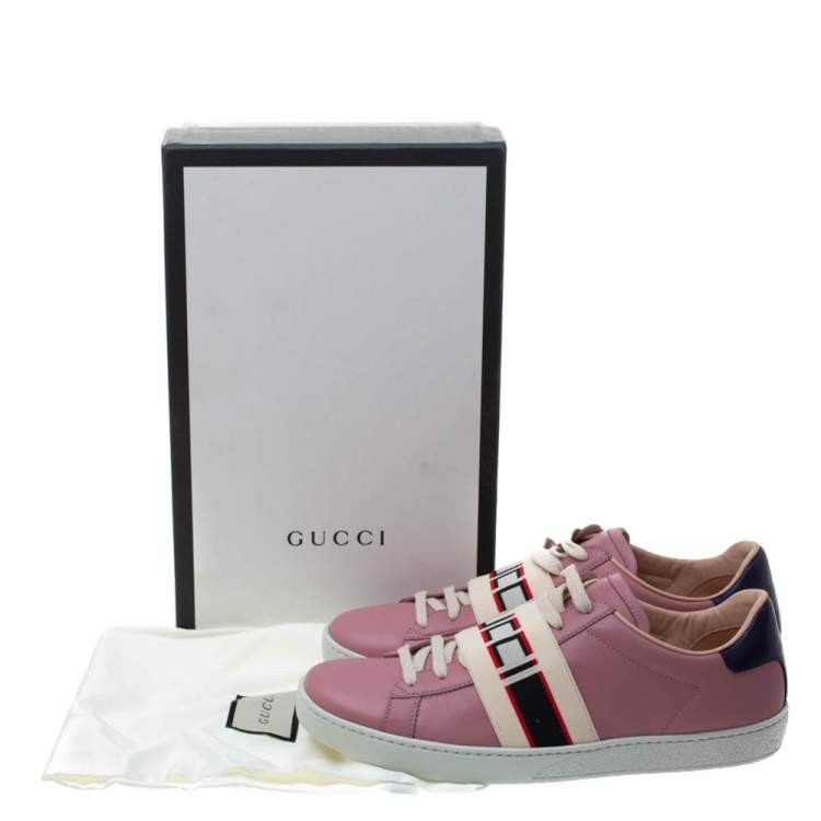 Pre Owned Gucci Pink Leather Ace Gucci Stripe Low Top Sneakers Size 38.5