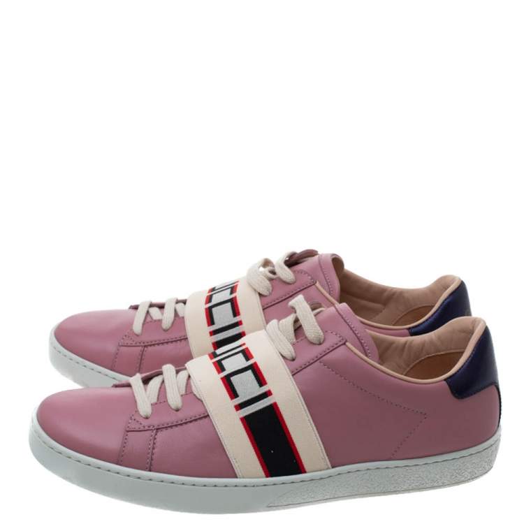 Pre Owned Gucci Pink Leather Ace Gucci Stripe Low Top Sneakers Size 38.5