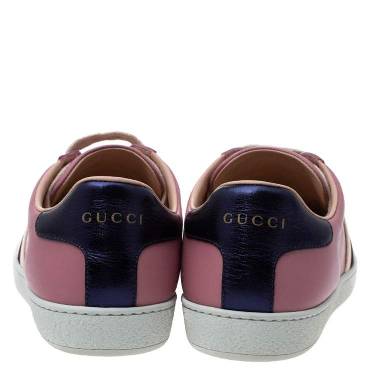Pre Owned Gucci Pink Leather Ace Gucci Stripe Low Top Sneakers Size 38.5