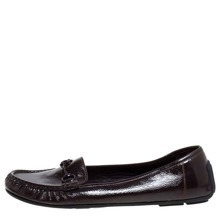 Pre Owned Gucci Brown Patent Leather Horsebit Slip On Loafers Size 40