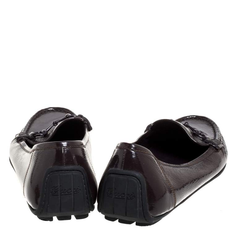 Pre Owned Gucci Brown Patent Leather Horsebit Slip On Loafers Size 40