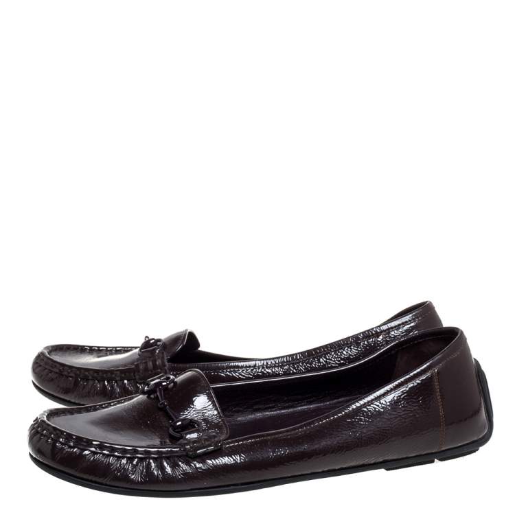 Pre Owned Gucci Brown Patent Leather Horsebit Slip On Loafers Size 40