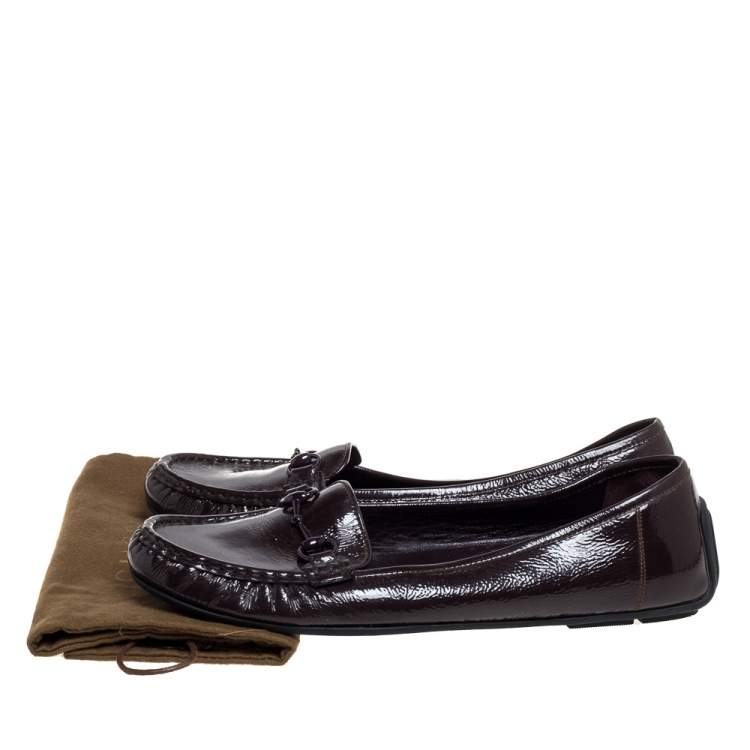 Pre Owned Gucci Brown Patent Leather Horsebit Slip On Loafers Size 40
