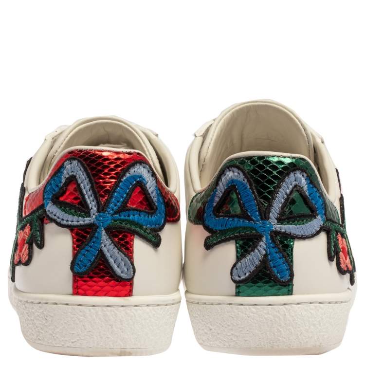 Pre Owned Gucci White Leather Ace Floral-Embroidered Web Low Top Sneakers Size 36