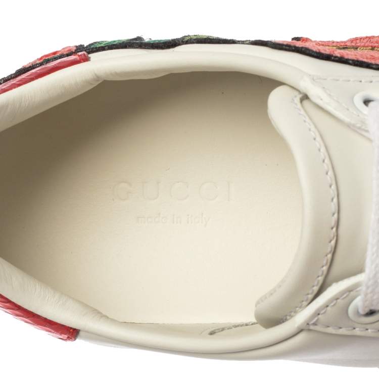Pre Owned Gucci White Leather Ace Floral-Embroidered Web Low Top Sneakers Size 36