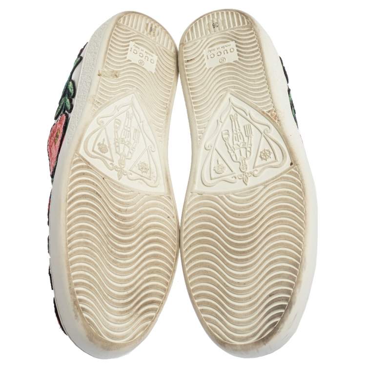 Pre Owned Gucci White Leather Ace Floral-Embroidered Web Low Top Sneakers Size 36