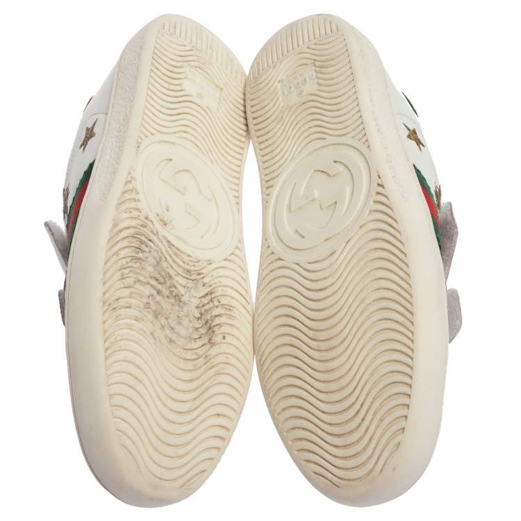 Pre Owned Gucci White Leather Ace Bees and Stars Embroidered Velcro Strap Sneaker Size 35