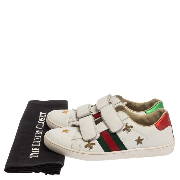 Pre Owned Gucci White Leather Ace Bees and Stars Embroidered Velcro Strap Sneaker Size 35