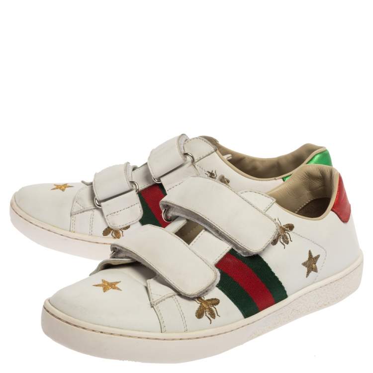 Pre Owned Gucci White Leather Ace Bees and Stars Embroidered Velcro Strap Sneaker Size 35