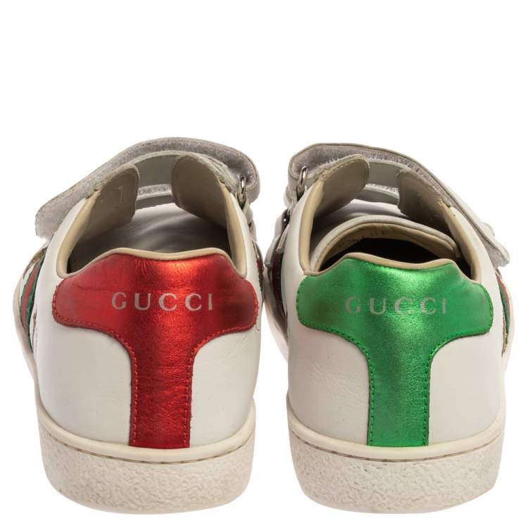 Pre Owned Gucci White Leather Ace Bees and Stars Embroidered Velcro Strap Sneaker Size 35