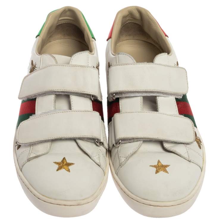 Pre Owned Gucci White Leather Ace Bees and Stars Embroidered Velcro Strap Sneaker Size 35