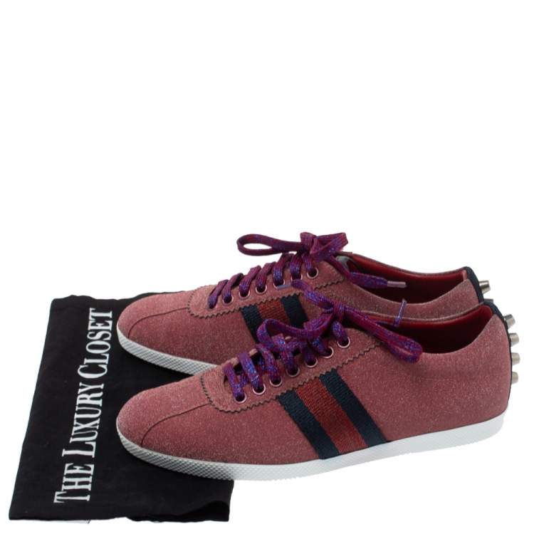 مملوكة مسبقًا Gucci Pink Glitter Bambi Web Studded Sneakers Size 37