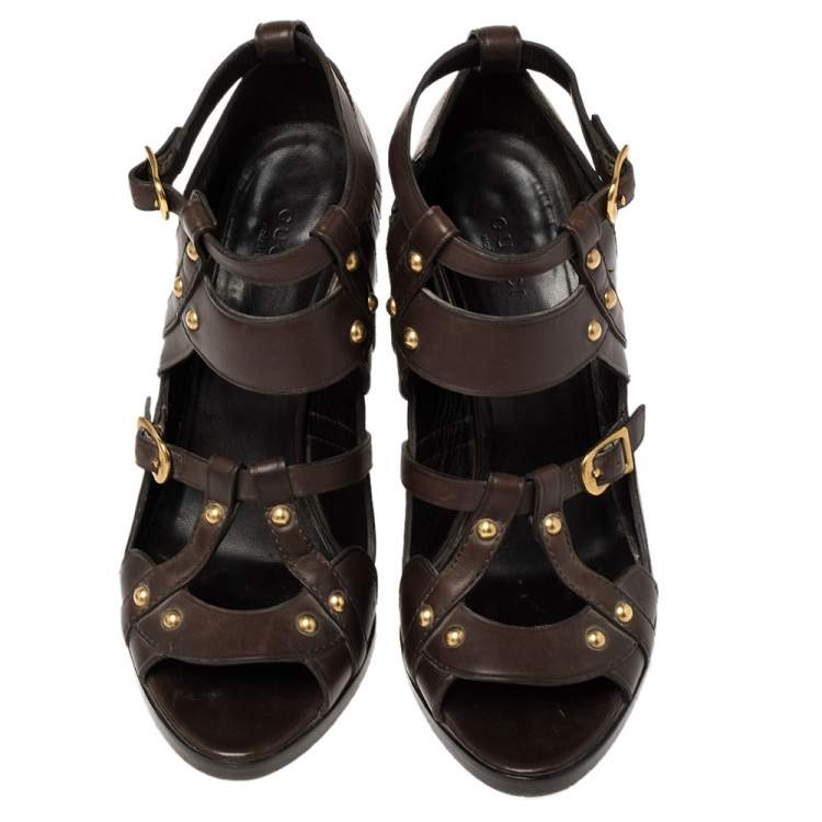 Pre Owned Gucci Dark Brown Leather Strappy Ankle Strap Sandals Size 38