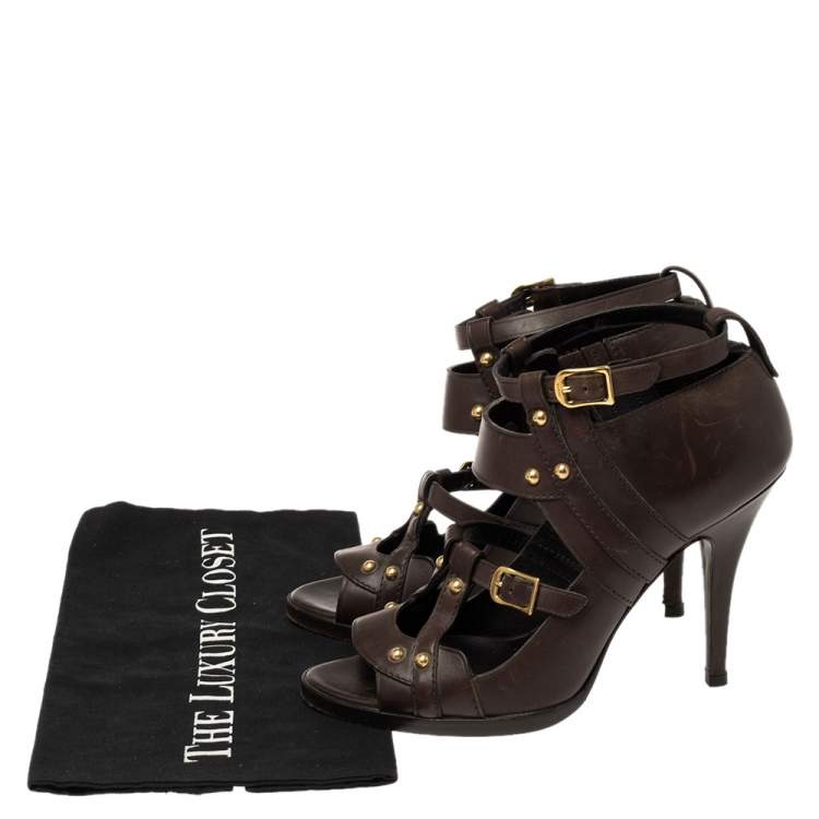Pre Owned Gucci Dark Brown Leather Strappy Ankle Strap Sandals Size 38