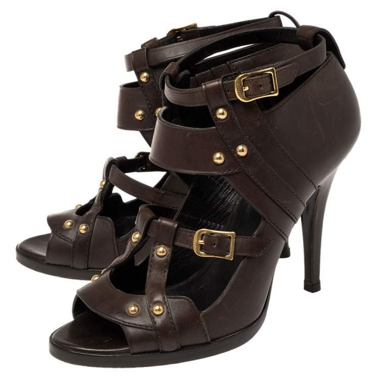 Pre Owned Gucci Dark Brown Leather Strappy Ankle Strap Sandals Size 38