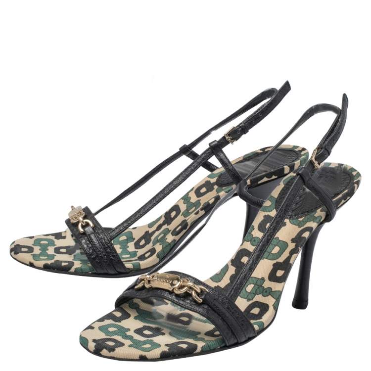 Pre Owned Gucci Black/Green Leather Gucci Embellished Slingback Sandals Size 36