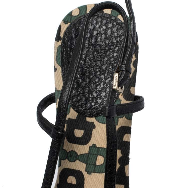Pre Owned Gucci Black/Green Leather Gucci Embellished Slingback Sandals Size 36