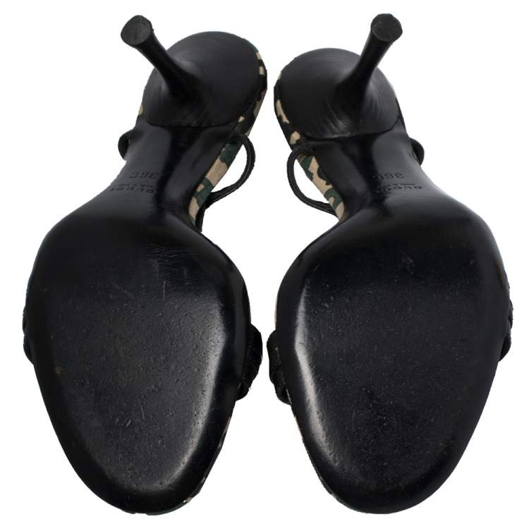 Pre Owned Gucci Black/Green Leather Gucci Embellished Slingback Sandals Size 36
