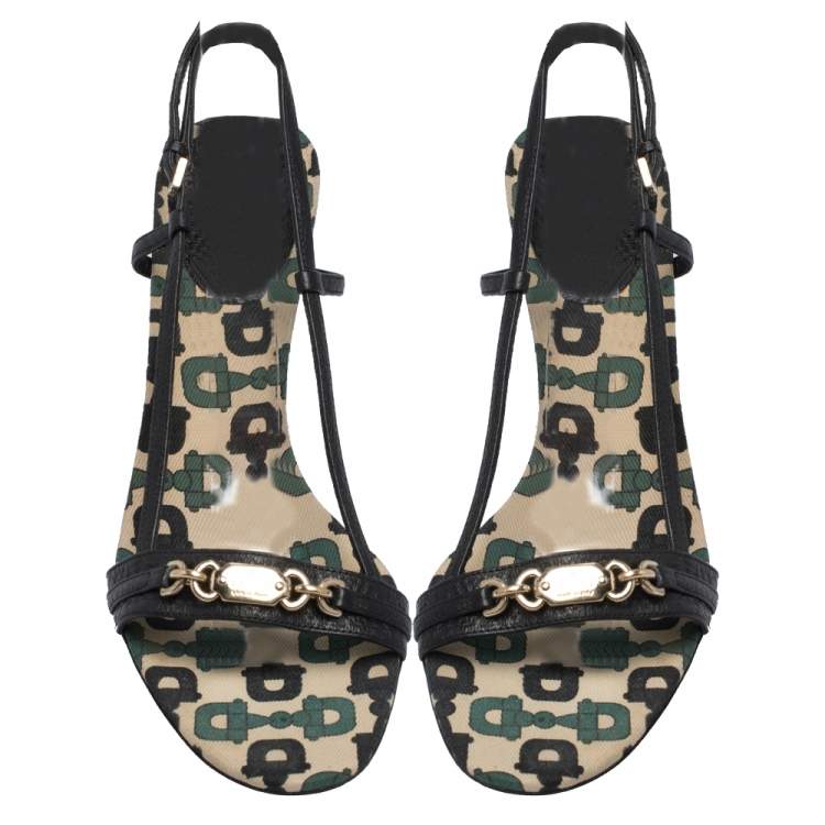 Pre Owned Gucci Black/Green Leather Gucci Embellished Slingback Sandals Size 36