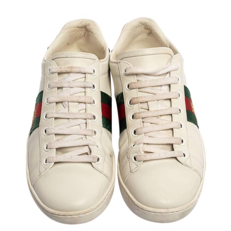 Pre Owned Gucci White Leather Ace Web Bee Low Top Sneakers Size 36.5