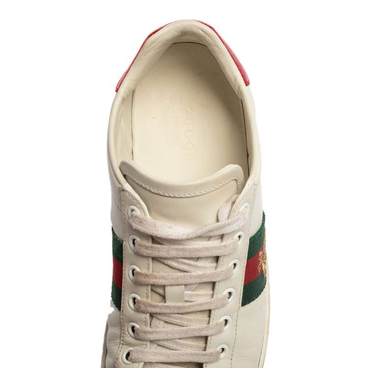 Pre Owned Gucci White Leather Ace Web Bee Low Top Sneakers Size 36.5
