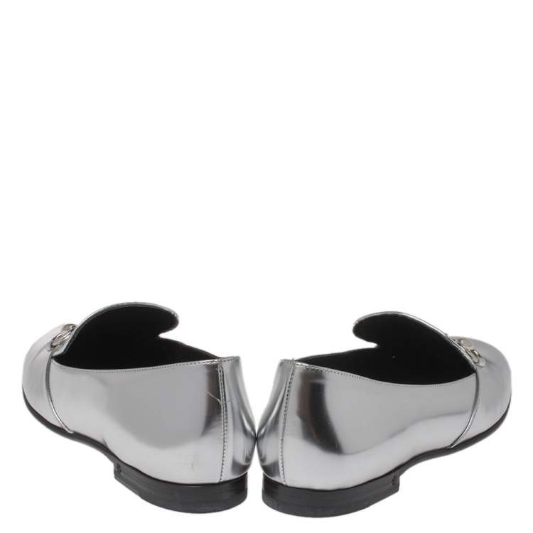Pre Owned Gucci Silver Foil Leather Kira Horsebit Loafers Size 36.5