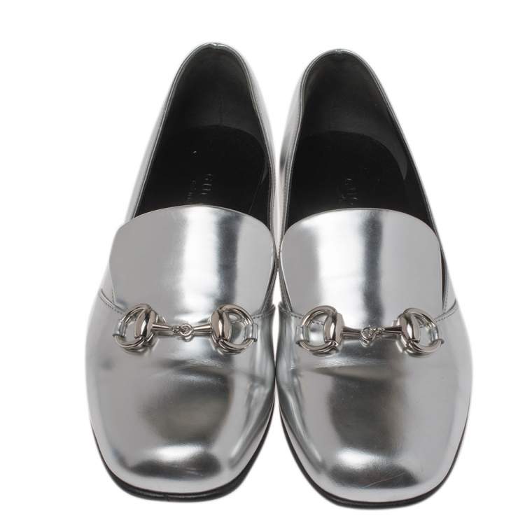 Pre Owned Gucci Silver Foil Leather Kira Horsebit Loafers Size 36.5