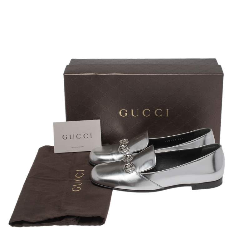 Pre Owned Gucci Silver Foil Leather Kira Horsebit Loafers Size 36.5