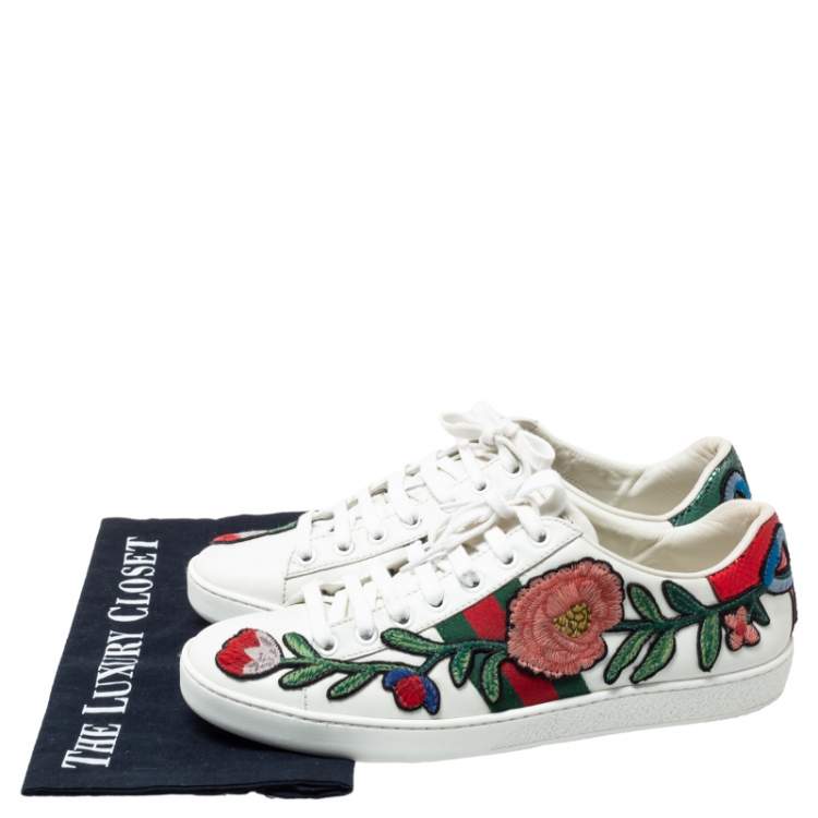 Pre Owned Gucci White Floral Embroidered Leather Ace Low Top Sneakers Size 37.5