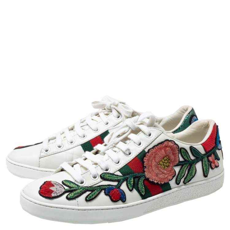Pre Owned Gucci White Floral Embroidered Leather Ace Low Top Sneakers Size 37.5