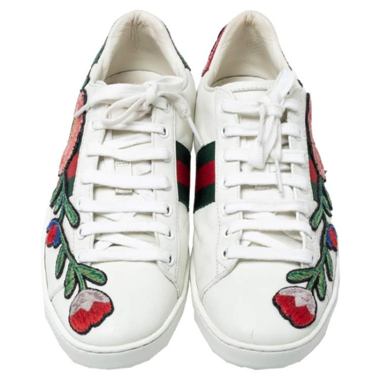 Pre Owned Gucci White Floral Embroidered Leather Ace Low Top Sneakers Size 37.5