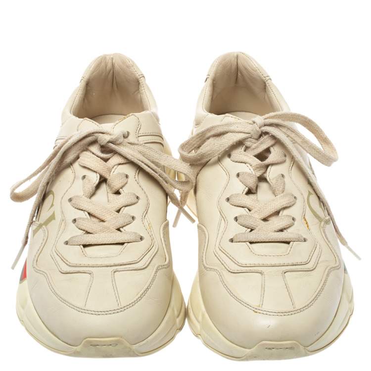 Pre Owned Gucci Beige Leather Rhyton Gucci Logo Low Top Sneakers Size 36