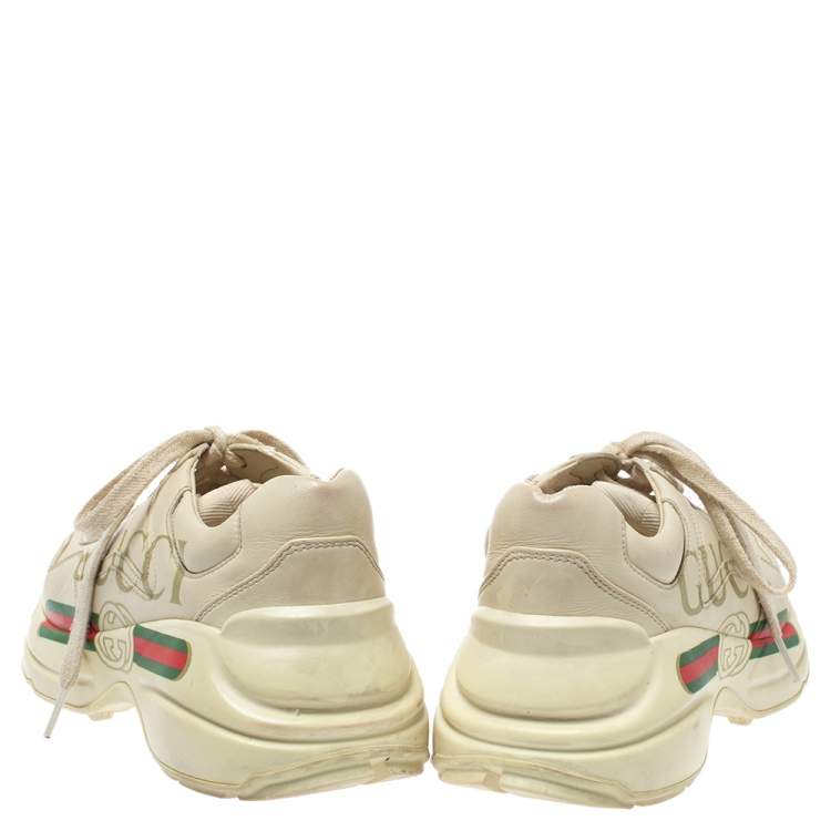 Pre Owned Gucci Beige Leather Rhyton Gucci Logo Low Top Sneakers Size 36