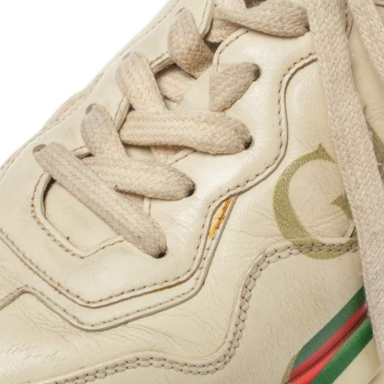 Pre Owned Gucci Beige Leather Rhyton Gucci Logo Low Top Sneakers Size 36